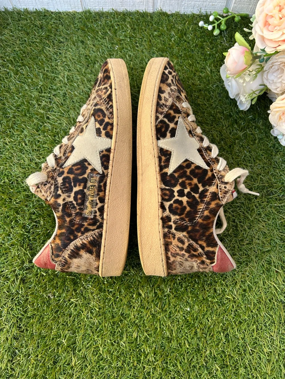 GOLDEN GOOSE Ball Star Leopard Calf Hair Sneakers - Leopard/ Ice/ Red $735 Sz 6